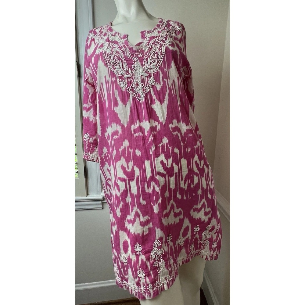 GRETCHEN SCOTT DESIGNS PINK & WHITE PRINT W/EMBROIDERY COVER UP TUNIC BOHO SZ S